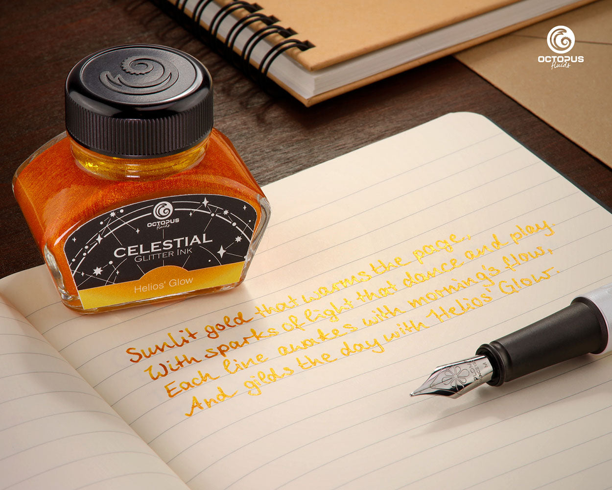 Octopus Fluids Celestial Glitter Shimmer Fountain Pen Ink - Helios' Glow - Yellow With Gold Shimmer writing sample