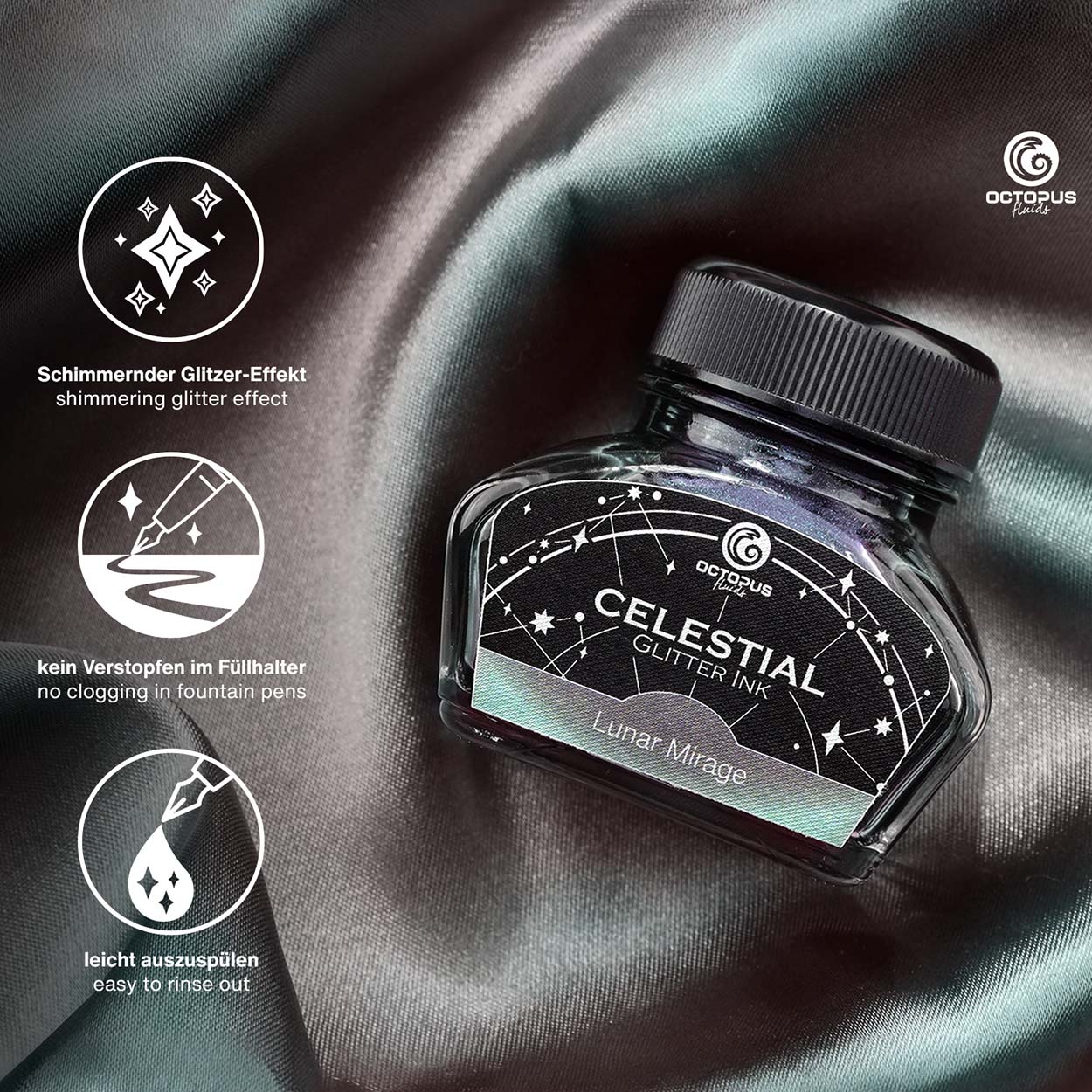 Octopus Fluids Celestial Glitter Shimmer Fountain Pen Ink - Lunar Mirage - Grey with Green Shimmer - Made in Germany details
