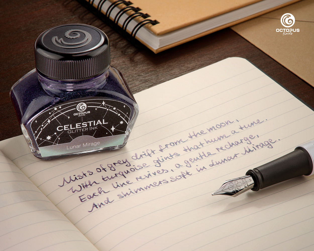 Octopus Fluids Celestial Glitter Shimmer Fountain Pen Ink - Lunar Mirage - Grey with Green Shimmer - Made in Germany writing sample