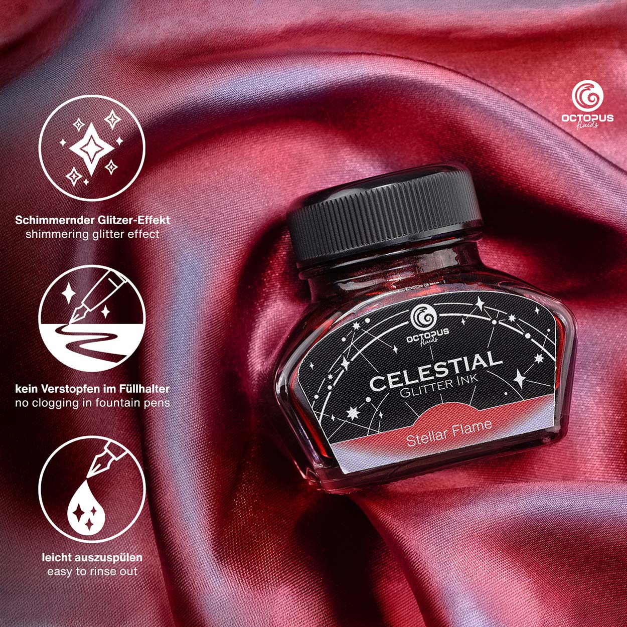 Octopus Fluids Celestial Glitter Shimmer Fountain Pen Ink - Stellar Flame - Red With Violet Shimmer - Made in Germany Details
