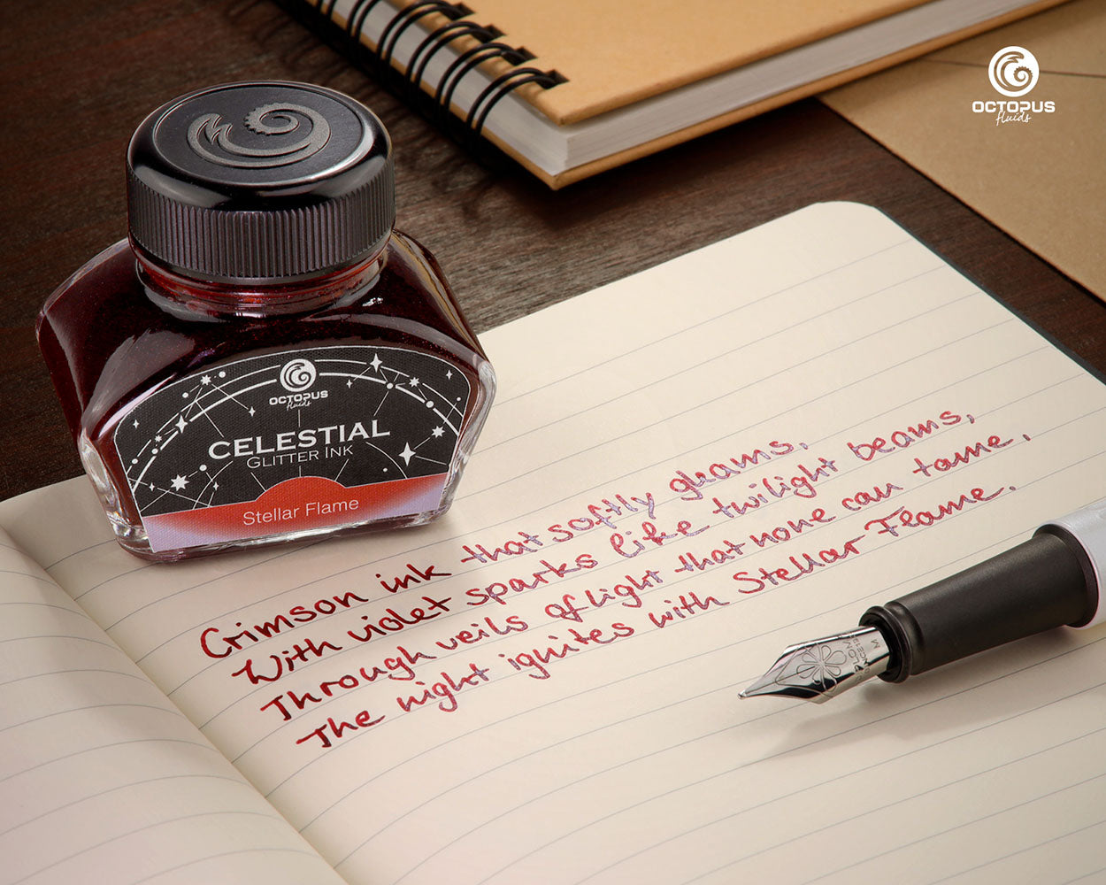 Octopus Fluids Celestial Glitter Shimmer Fountain Pen Ink - Stellar Flame - Red With Violet Shimmer - Made in Germany Writing Sample