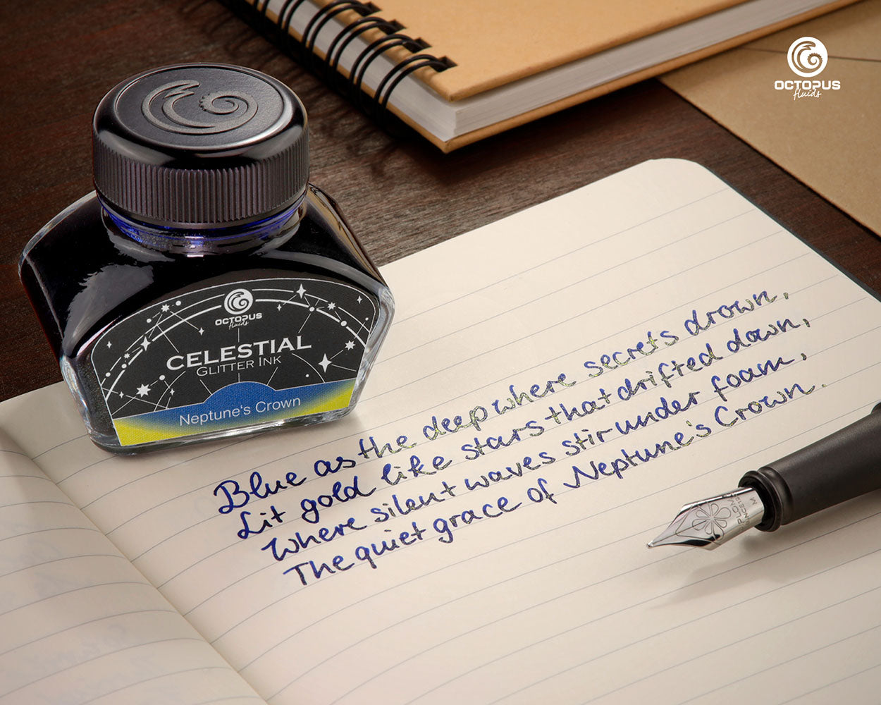 Octopus Fluids Celestial Glitter Shimmer Fountain Pen Ink - Neptune’s Crown - Blue With Gold Shimmer - Made in Germany writing sample