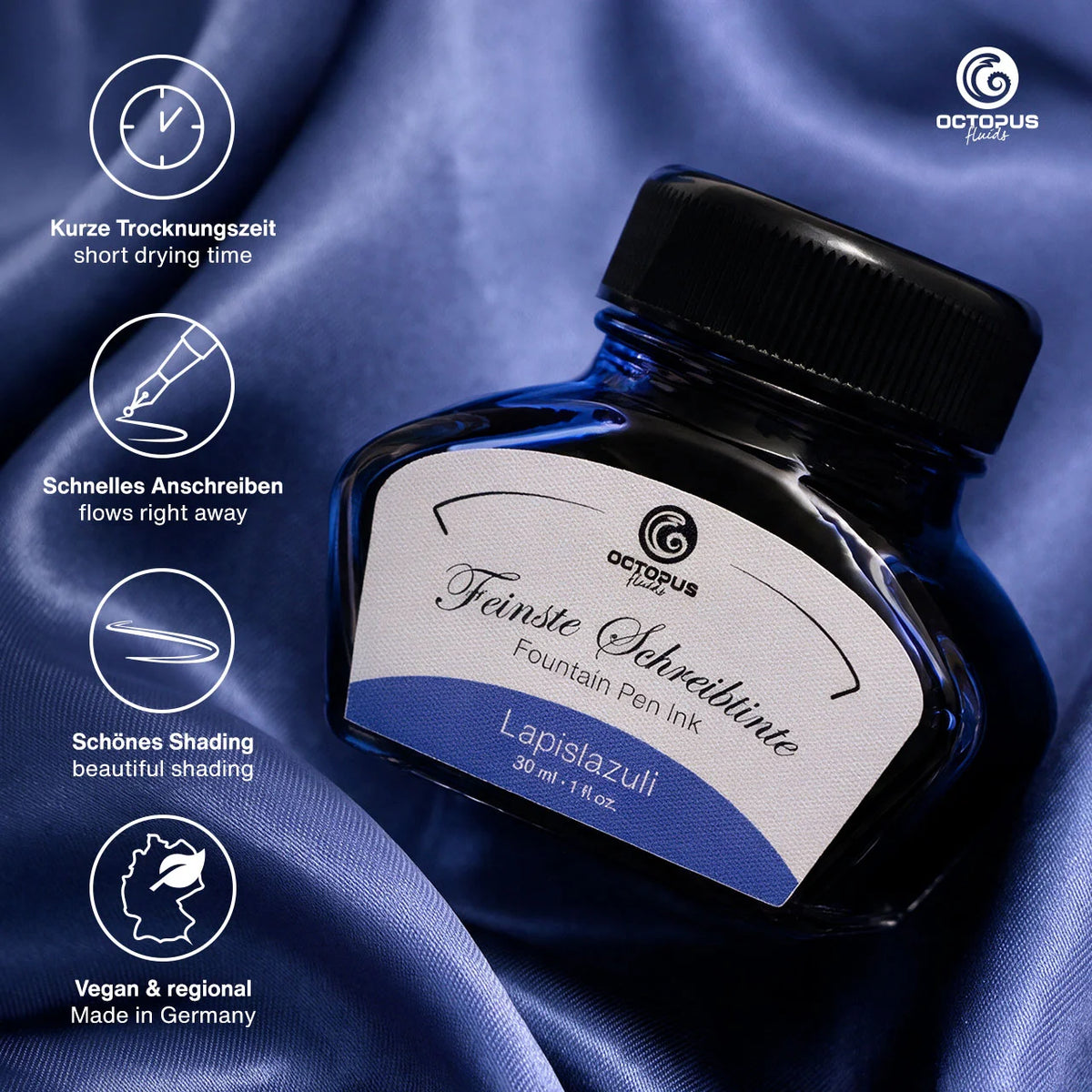 Octopus Fluids Fountain Pen Ink - 30 ml Bottle - Lapislazuli Blue -  Made in Germany details