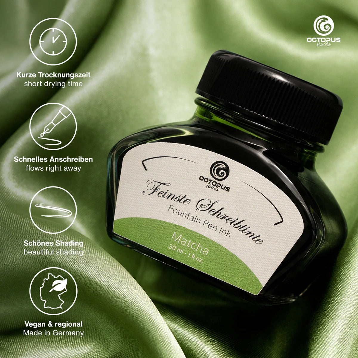 Octopus Fluids Fountain Pen Ink - 30 ml Bottle - Matcha Green - Made in Germany details