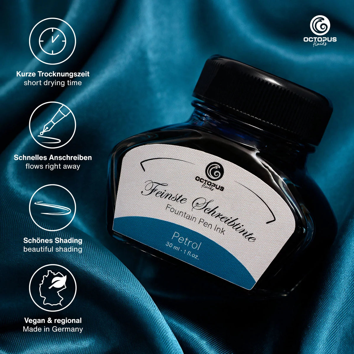 Octopus Fluids Fountain Pen Ink - 30 ml Bottle - Petrol Blue - Made in Germany details
