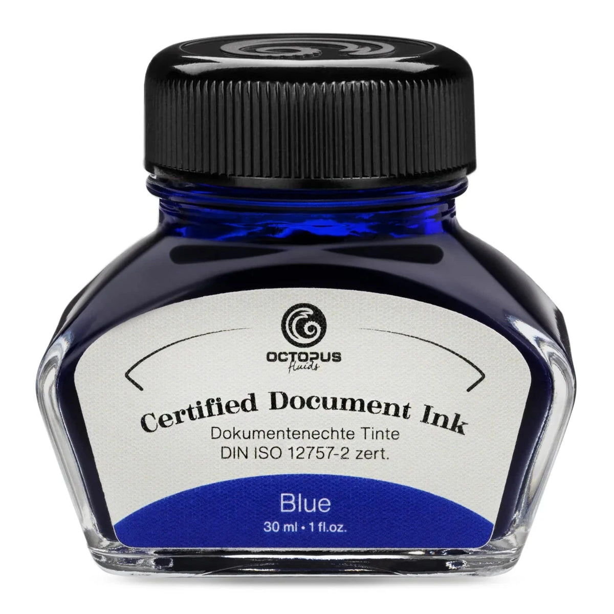 Blue ink bottle with a black cap on a white background Octopus Fluids Fountain Pen Document Ink - 30 ml Bottle - Dark Blue -  Made in Germany