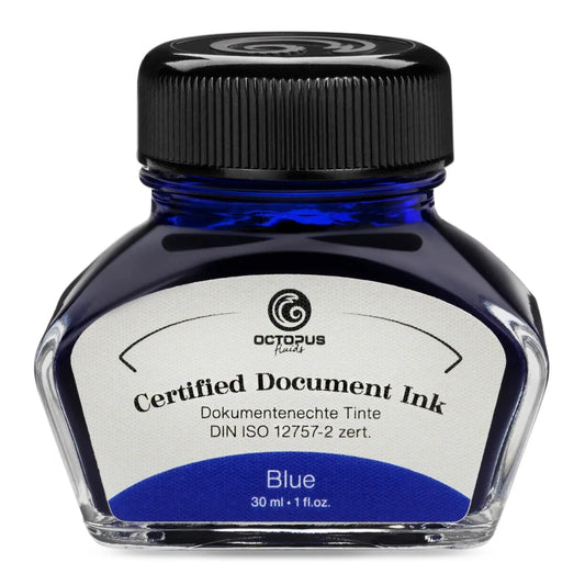 Blue ink bottle with a black cap on a white background Octopus Fluids Fountain Pen Document Ink - 30 ml Bottle - Dark Blue -  Made in Germany