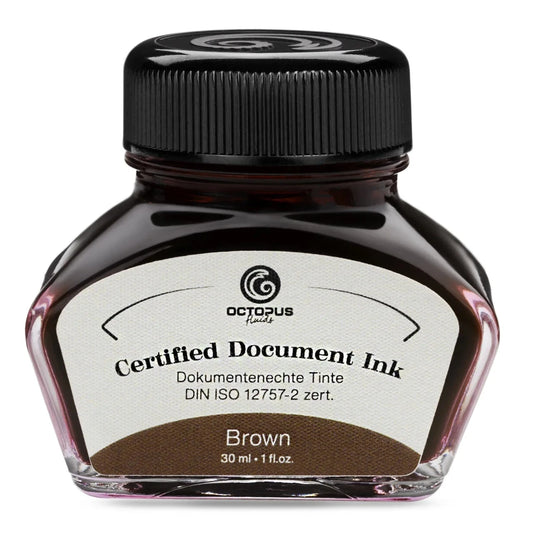 Bottle of Octopus Certified Document Ink in brown on a white background