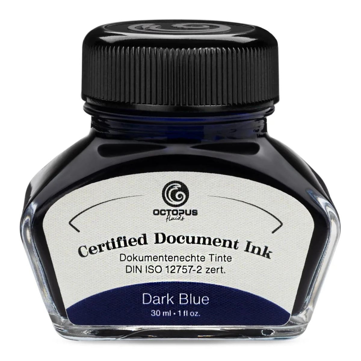 Bottle of Octopus Certified Document Ink in dark blue on a white background Octopus Fluids Fountain Pen Document Ink - 30 ml Bottle - Dark Blue -  Made in Germany
