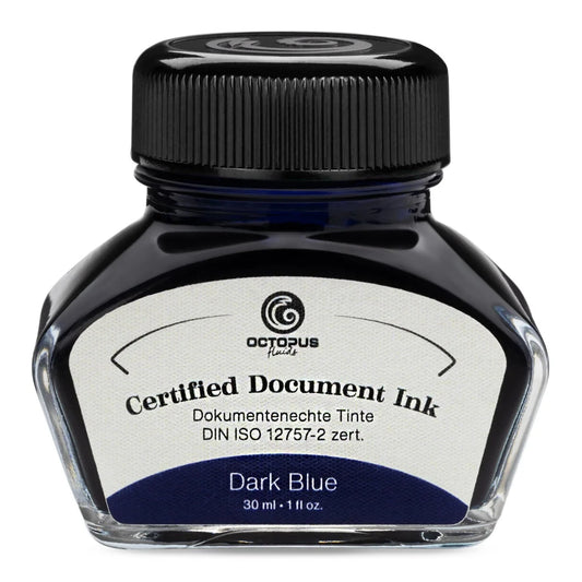 Bottle of Octopus Certified Document Ink in dark blue on a white background Octopus Fluids Fountain Pen Document Ink - 30 ml Bottle - Dark Blue -  Made in Germany