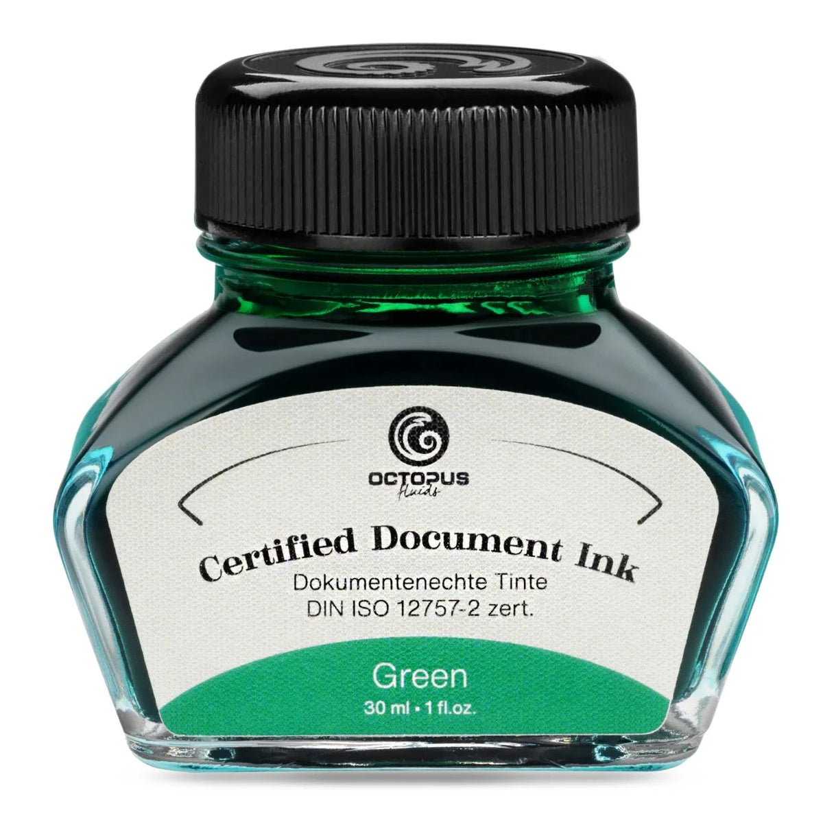 A 30 ml bottle of Octopus Funds Certified Document Ink in Green, featuring a black cap and a white label with green accents, on a solid white background.