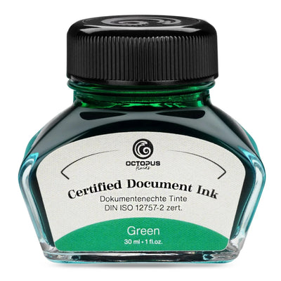 A 30 ml bottle of Octopus Funds Certified Document Ink in Green, featuring a black cap and a white label with green accents, on a solid white background.