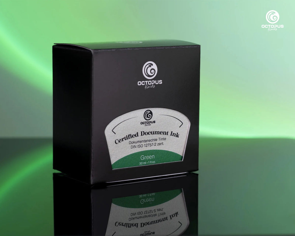 A black box of Octopus Brand Certified Document Ink in Green, displayed on a reflective dark surface with a green gradient background.