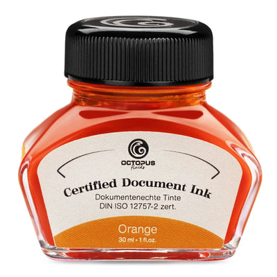 Orange ink bottle with black cap on a white background Octopus Fluids Fountain Pen Document Ink - 30 ml Bottle - Orange -  Made in Germany