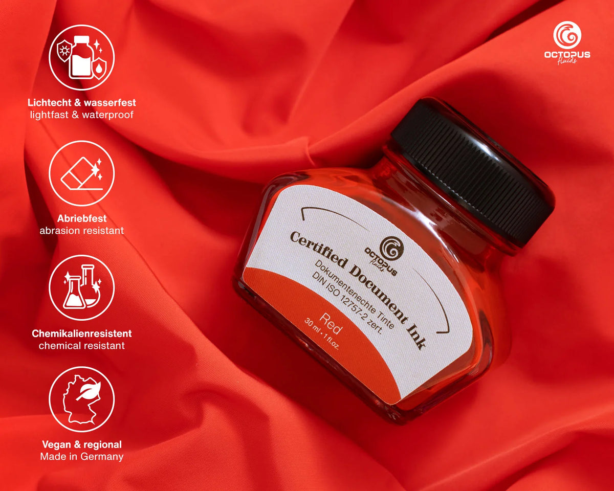 Octopus Fluids Fountain Pen Document Ink - 30 ml Bottle - Red -  Made in Germany details