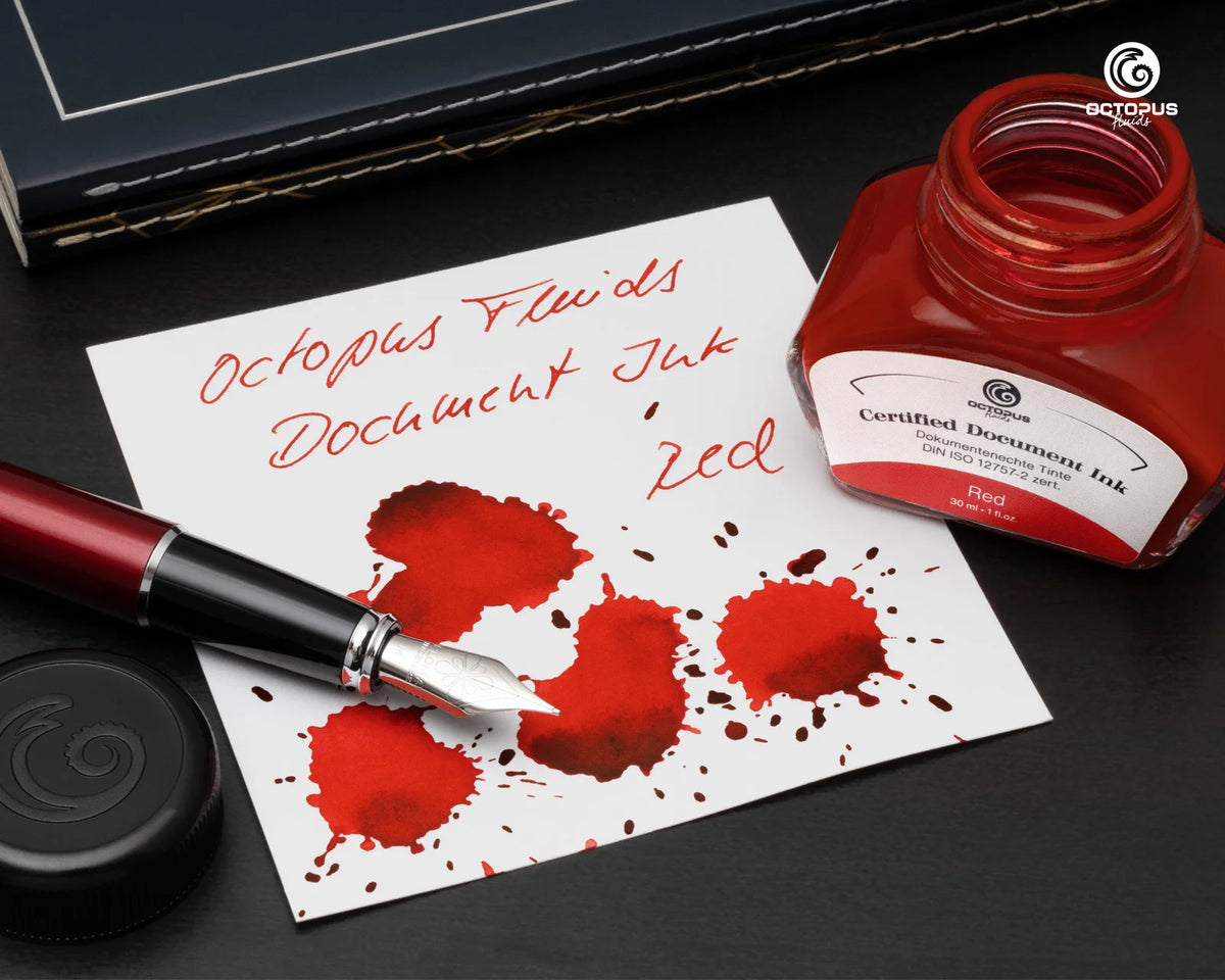 Octopus Fluids Fountain Pen Document Ink - 30 ml Bottle - Red -  Made in Germany ink swatch and bottle