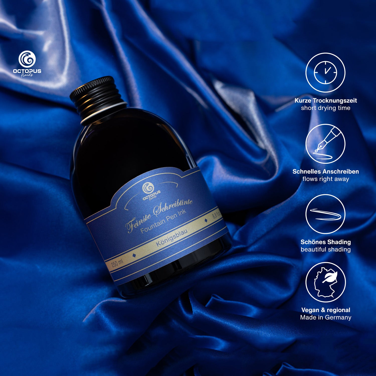 Octopus Fluids Fountain Pen Ink - 250 ml Bottle - Königsblau Royal Blue Erasable - Made in Germany detail