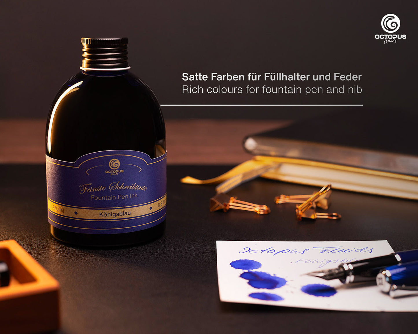 Octopus Fluids Fountain Pen Ink - 250 ml Bottle - Königsblau Royal Blue Erasable - Made in Germany bottle