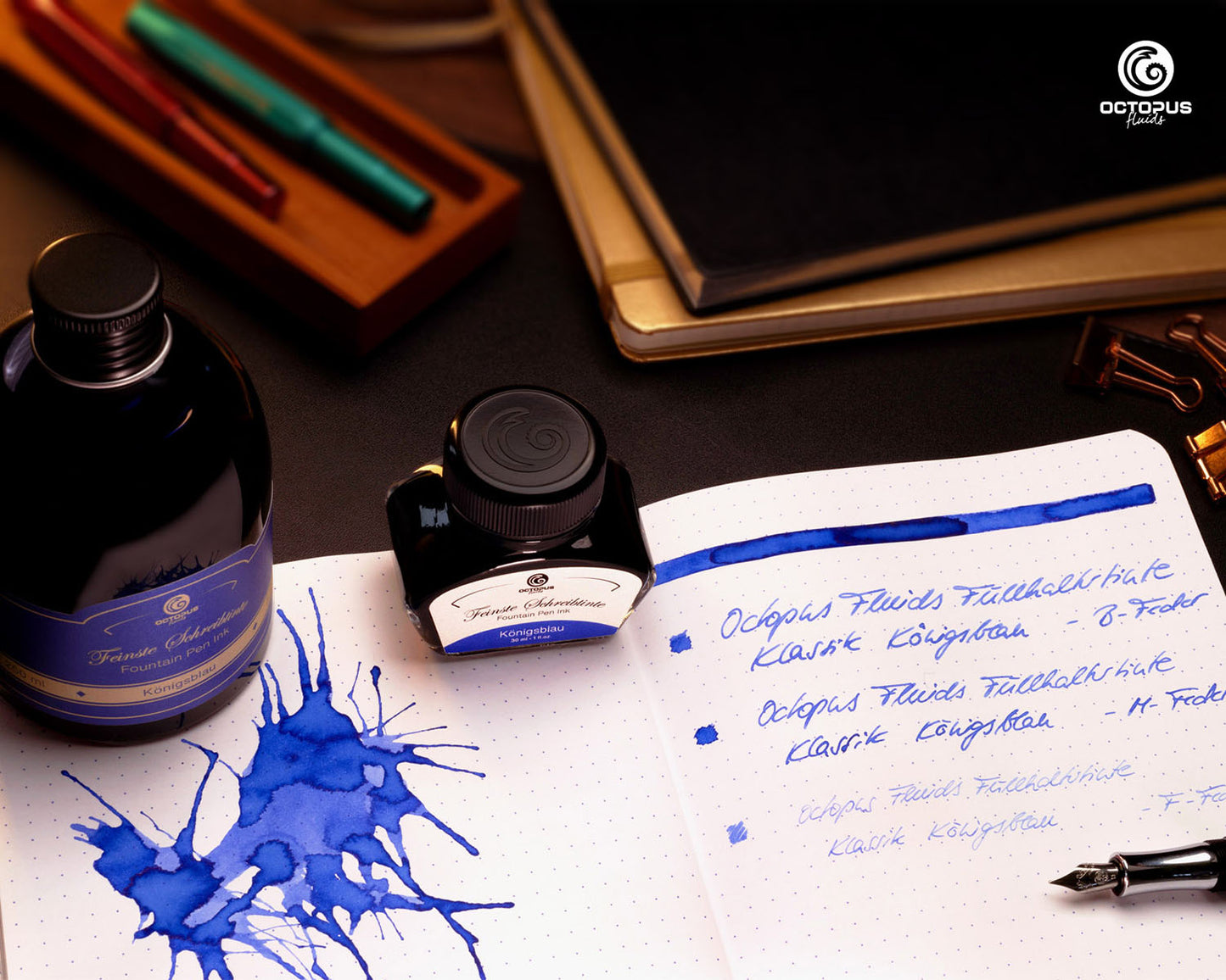 Octopus Fluids Fountain Pen Ink - 250 ml Bottle - Königsblau Royal Blue Erasable - Made in Germany swatch