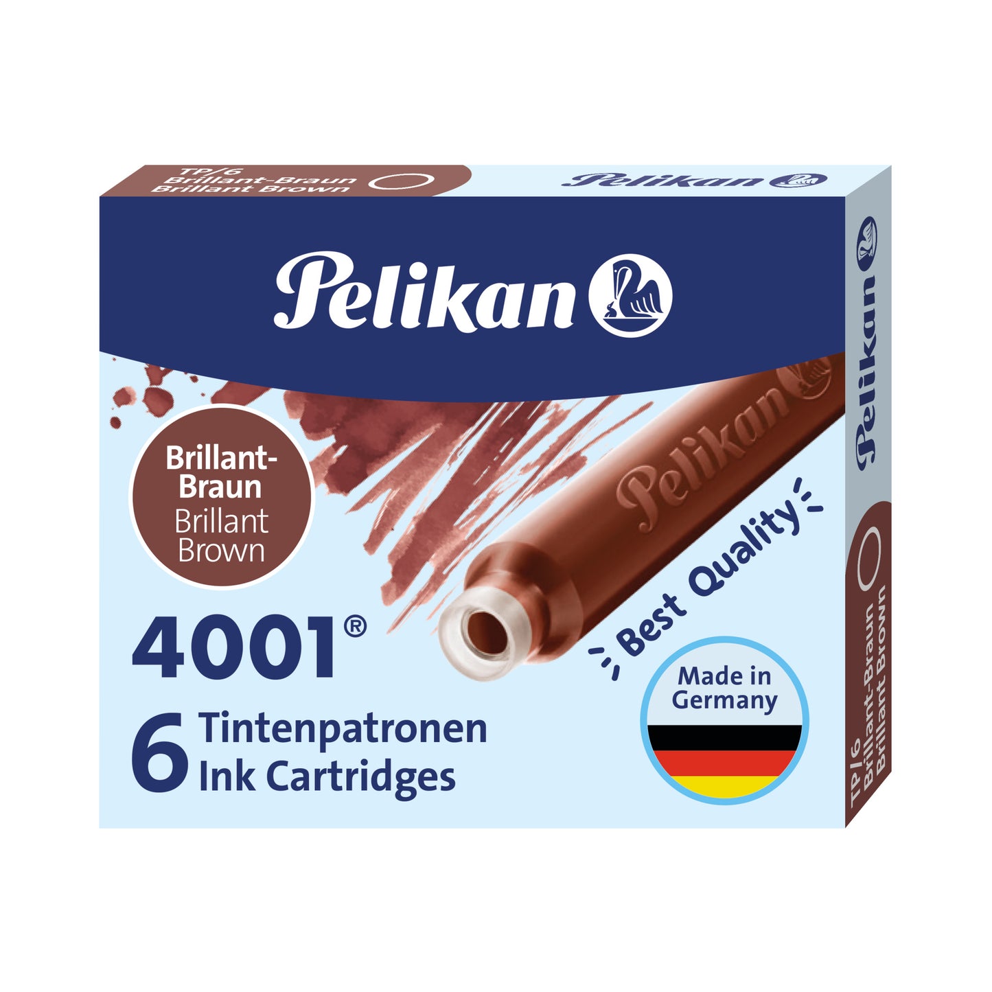 Pelikan 4001 Fountain Pen Ink - 6 Short Ink Cartridges - Brilliant Brown - Made in Germany