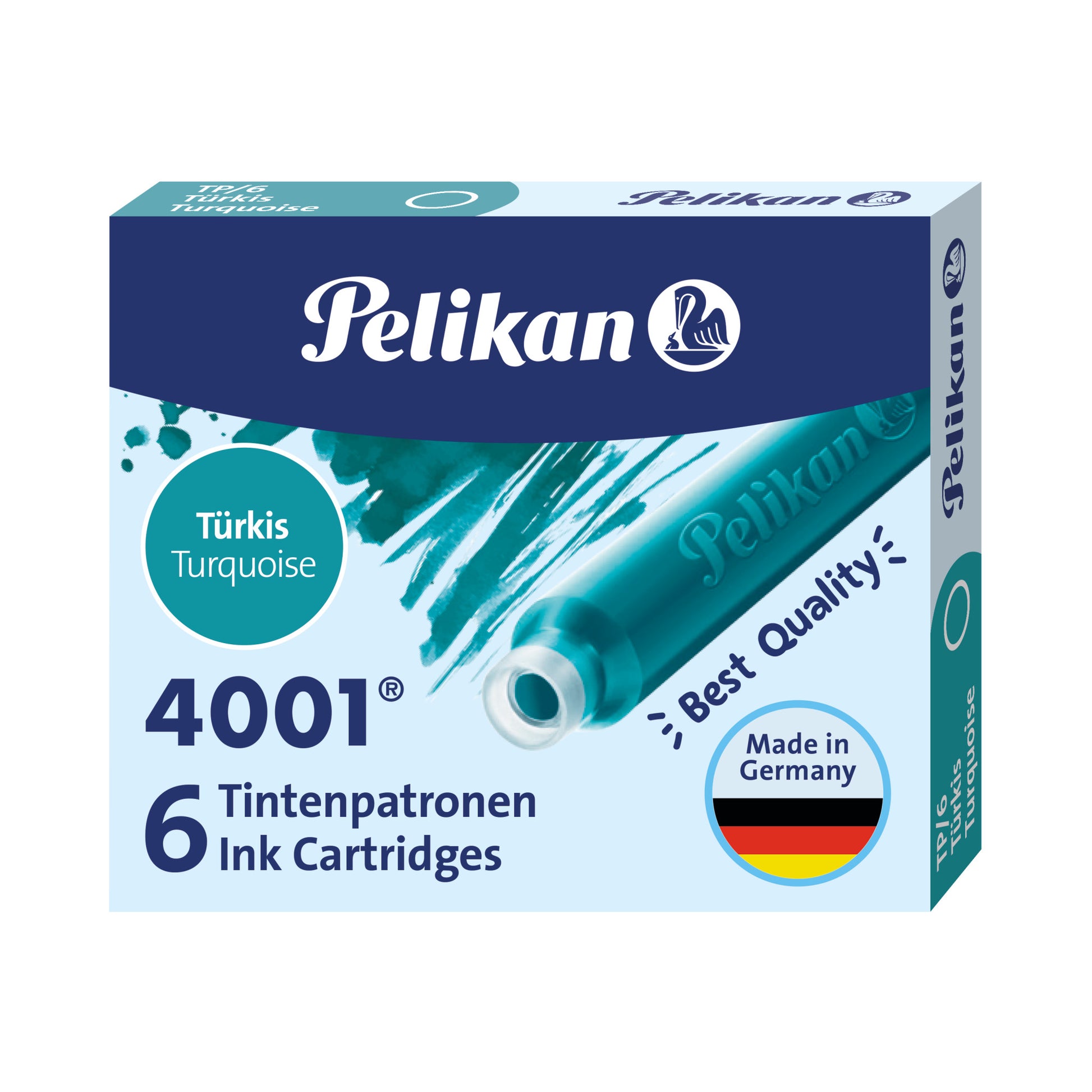 Pelikan 4001 Fountain Pen Ink - 6 Short Ink Cartridges - Turquoise - Made in Germany