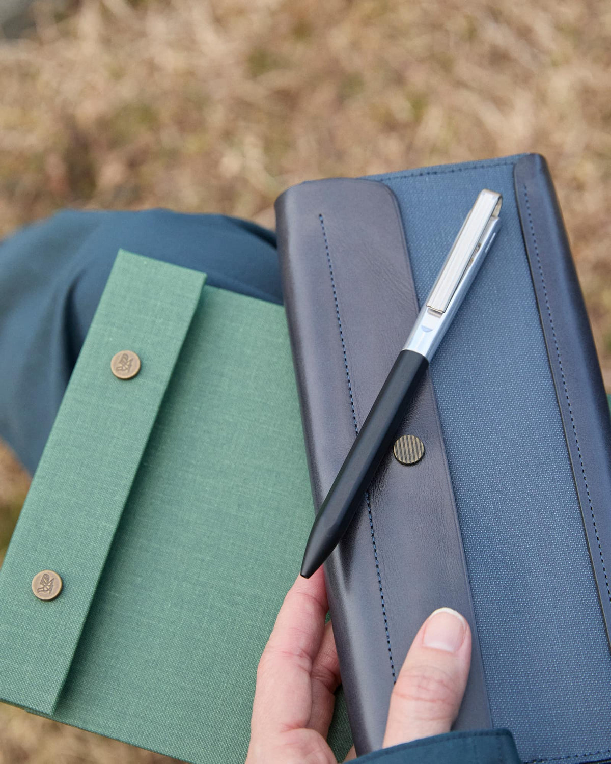 Postalco Tool Box Leather Pen Case - Navy Blue - Made in Japan with snap pad