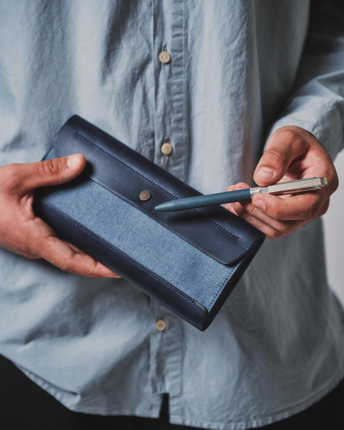 Postalco Tool Box Leather Pen Case - Navy Blue - Made in Japan in hand