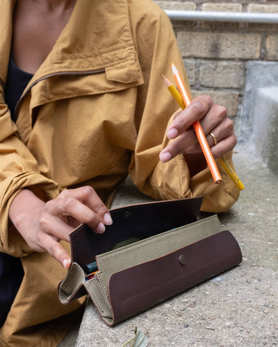 Postalco Tool Box Leather Pen Case - Olive Green - Made in Japan lifestyle