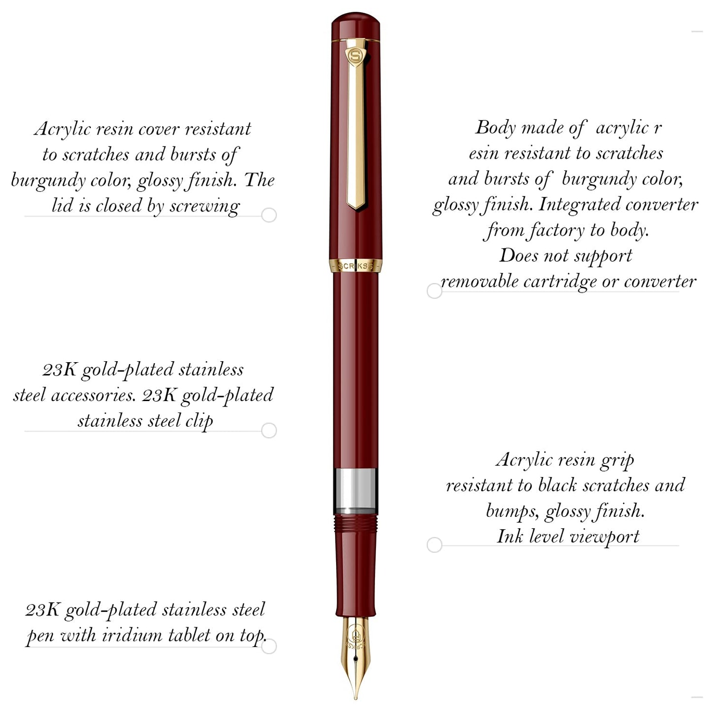 Scrikss 419 Fountain Pen - Burgundy - Piston Filler - Made In Turkey details