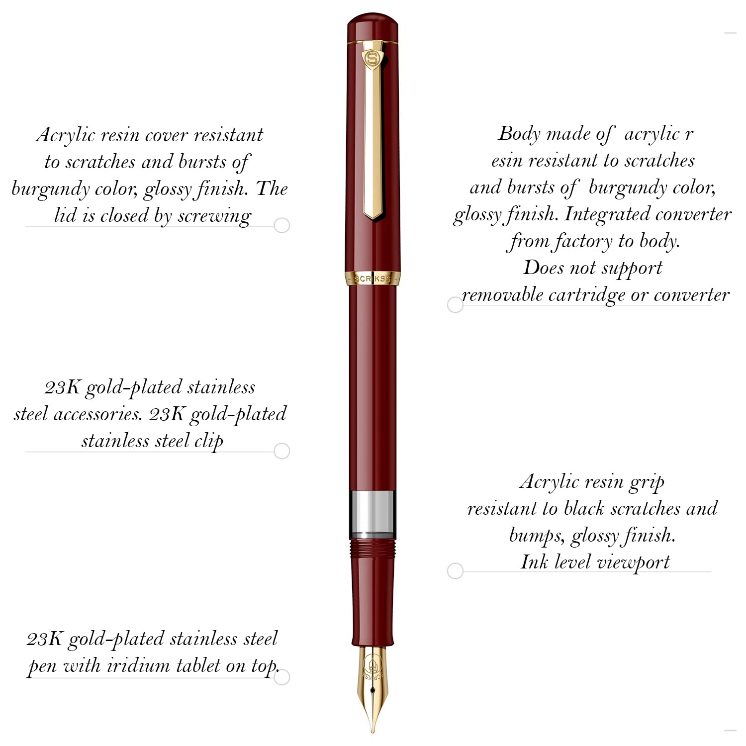Scrikss 419 Fountain Pen - Burgundy - Piston Filler - Made In Turkey details