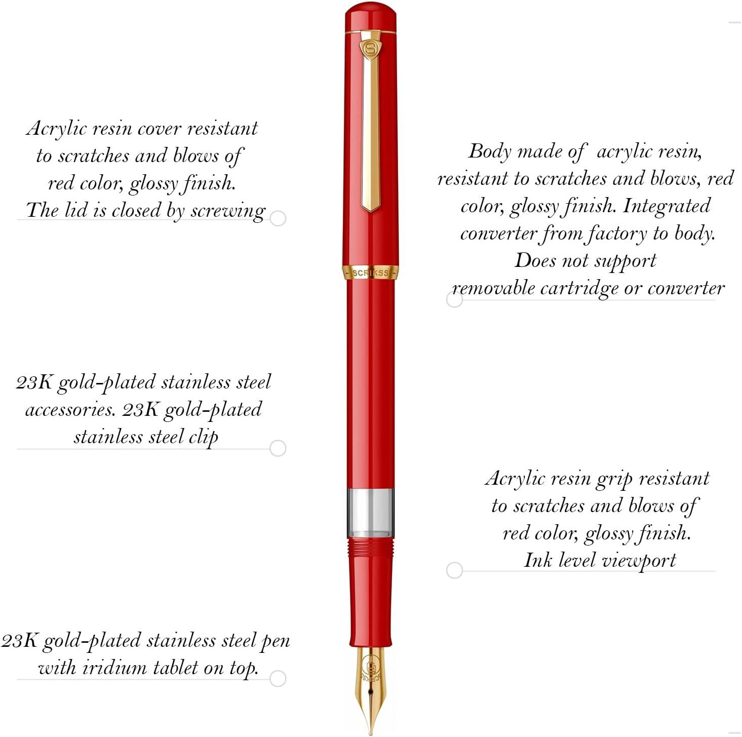 Scrikss 419 Fountain Pen - Ferrari Red - Piston Filler - Made In Turkey features