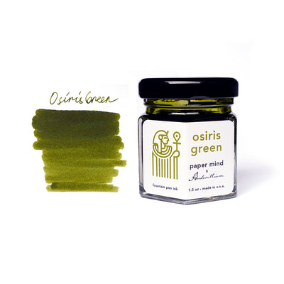 The Paper Mind x Anderillium Fountain Pen Ink 1.5 oz Bottle - Osiris Green with swatch made in the USA