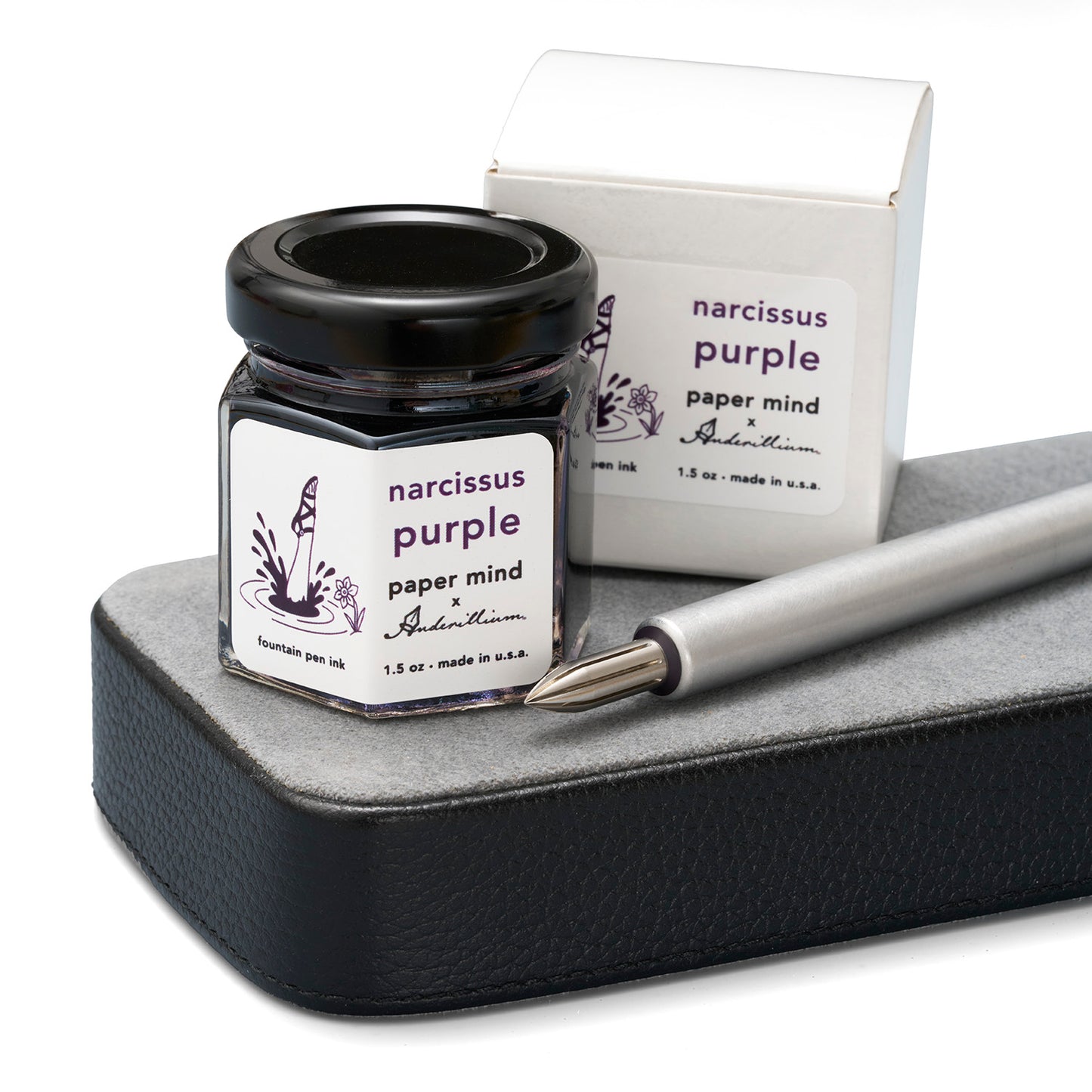 The Paper Mind x Anderillium Fountain Pen Ink 1.5 oz Bottle - Narcissus Purple - Made in the USA with box and kakimori dip pen