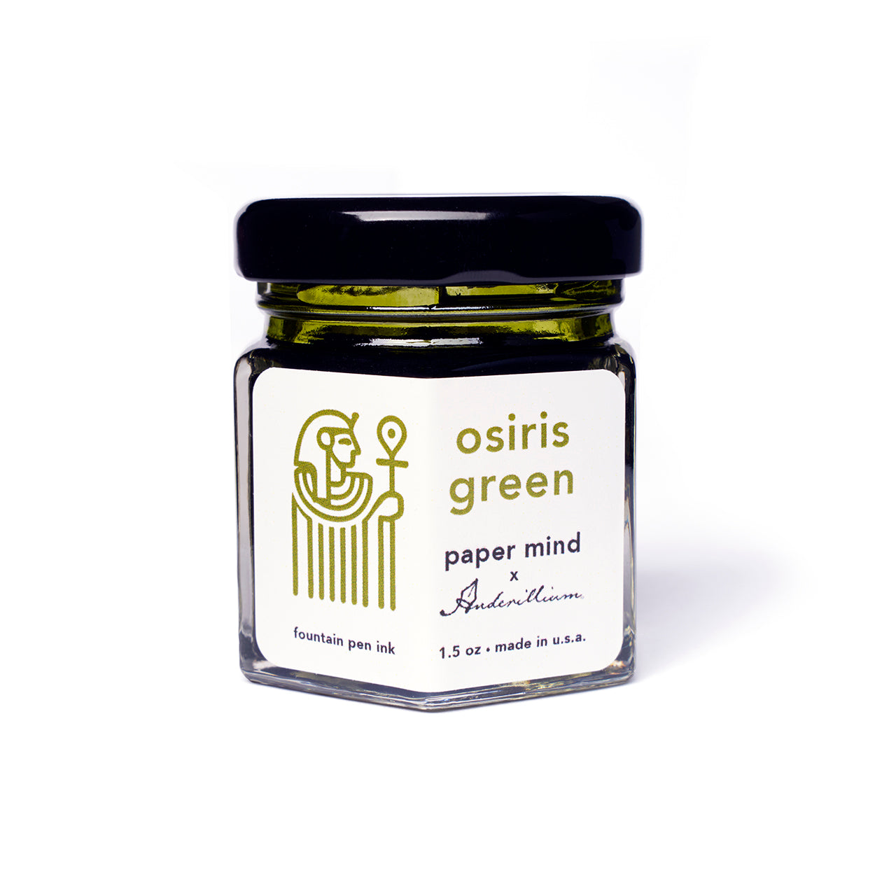 The Paper Mind x Anderillium Fountain Pen Ink 1.5 oz Bottle - Osiris Green bottle made in the usa