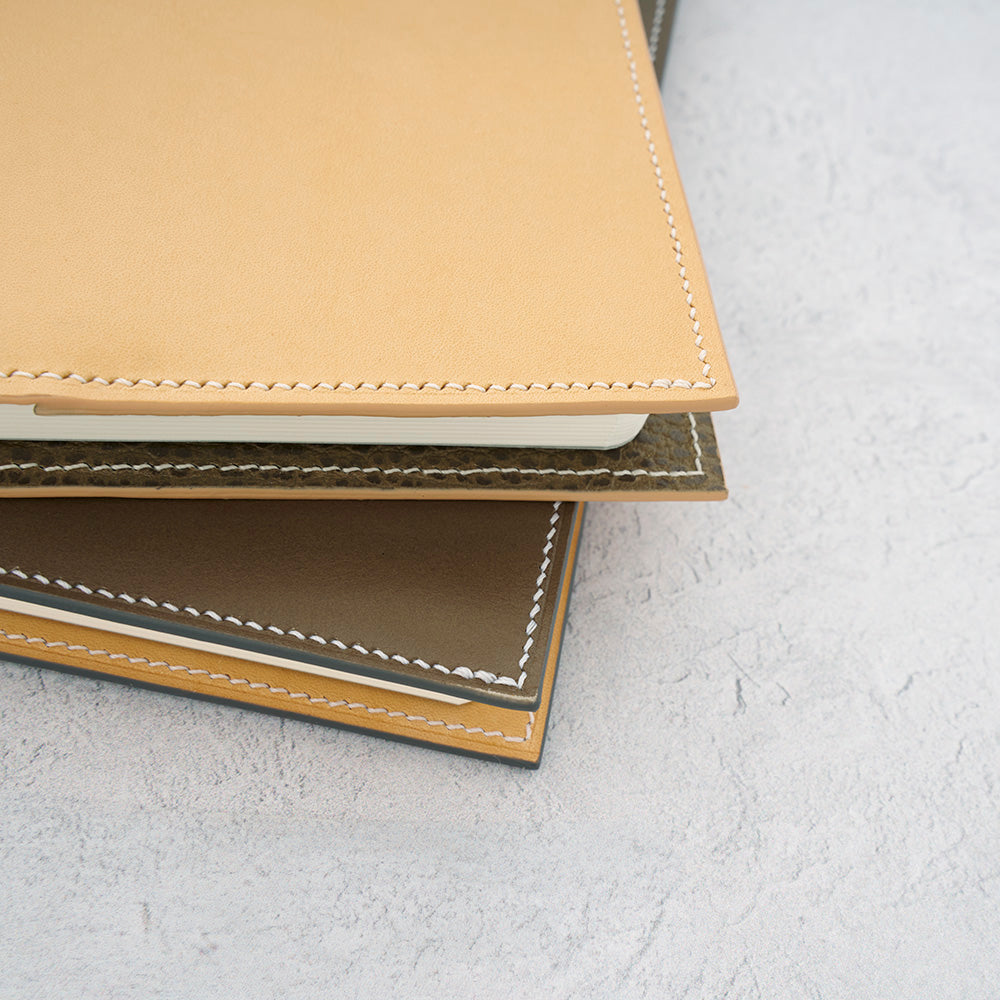 The Paper Mind Notebook Cover - A5 - Hand-Stitched Buttero Leather - Natural and Taupe edge Detail