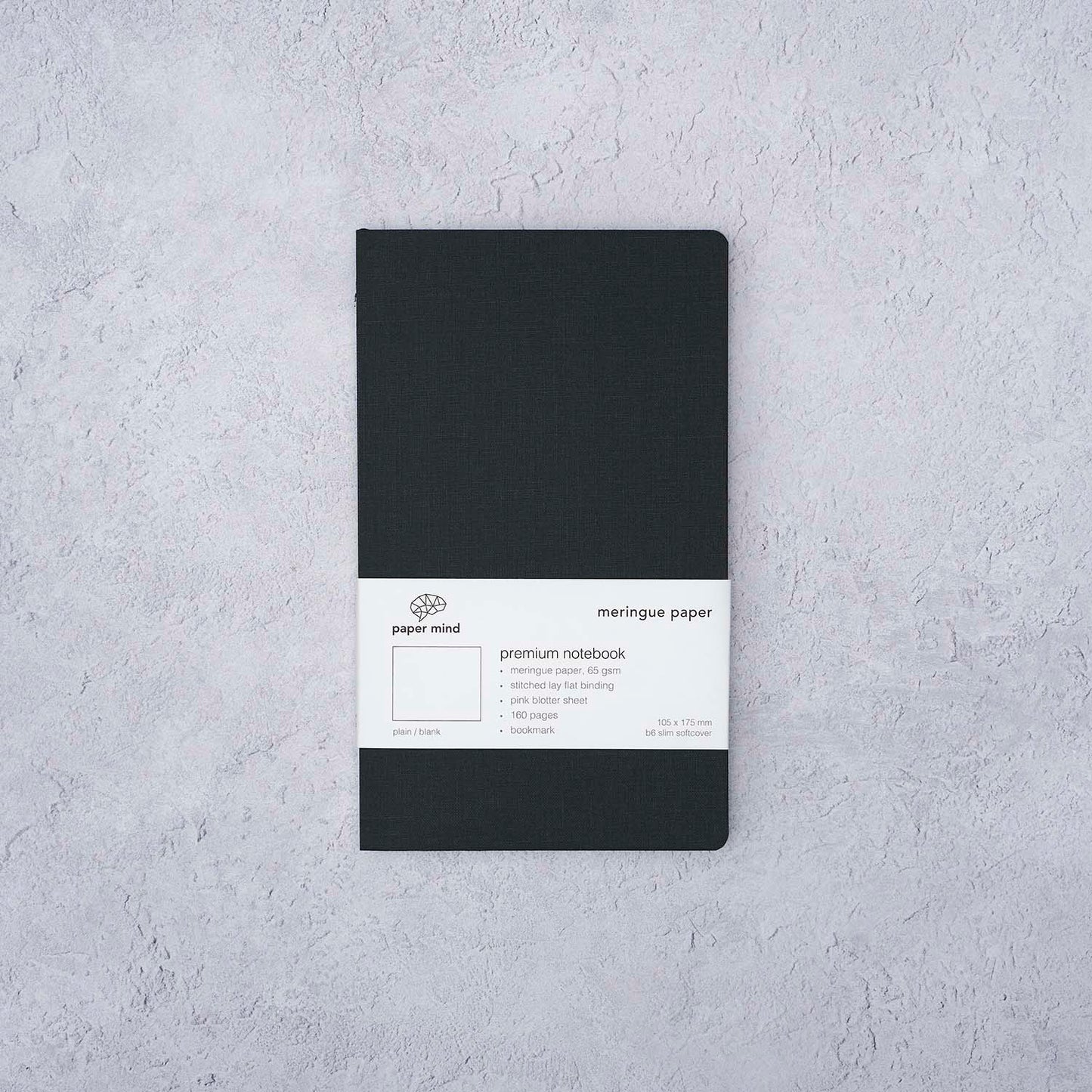 The Paper Mind Meringue Paper Notebook B6 Slim,  Notebook for Fountain Pens, blank plain, black cover  packaging 