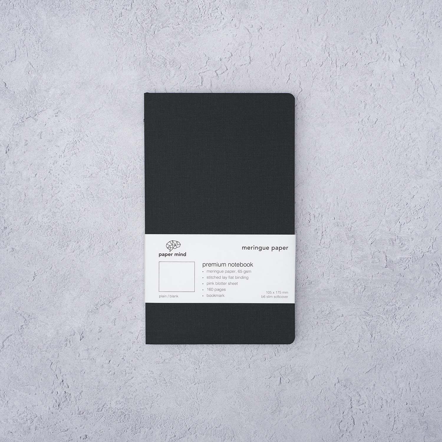 The Paper Mind Meringue Paper Notebook B6 Slim,  Notebook for Fountain Pens, blank plain, black cover  packaging 