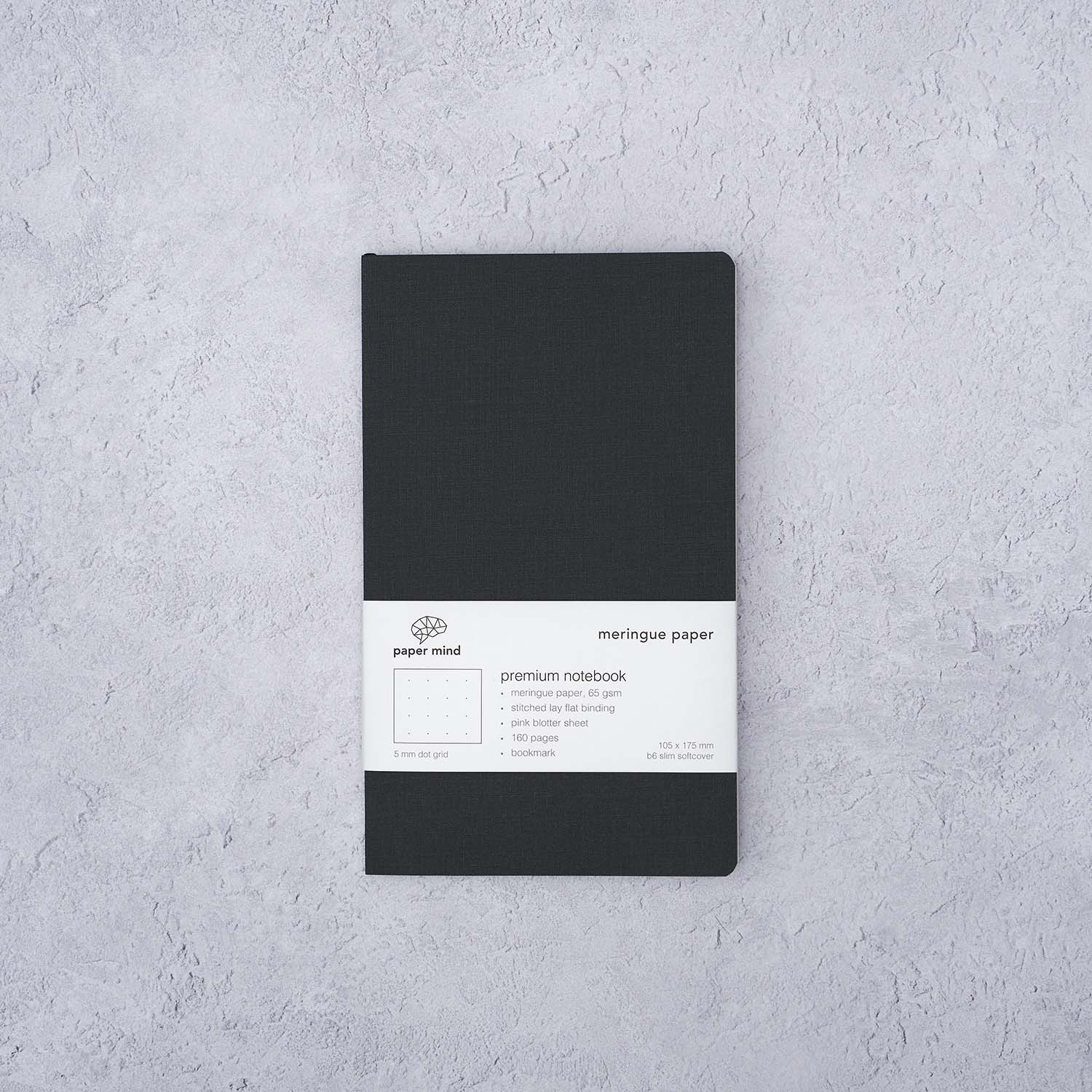 The Paper Mind Meringue Paper Notebook B6 Slim,  Notebook for Fountain Pens, dot grid, black cover packaging