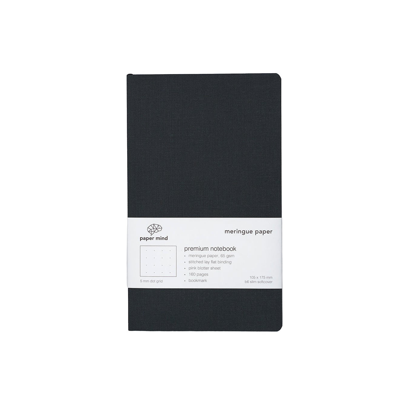 The Paper Mind Meringue Paper Notebook B6 Slim,  Notebook for Fountain Pens, dot grid, black cover packaging white background