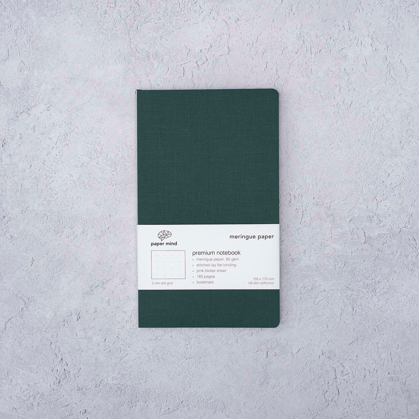 The Paper Mind Meringue Paper Notebook B6 Slim,  Notebook for Fountain Pens, dot grid, green cover textured background