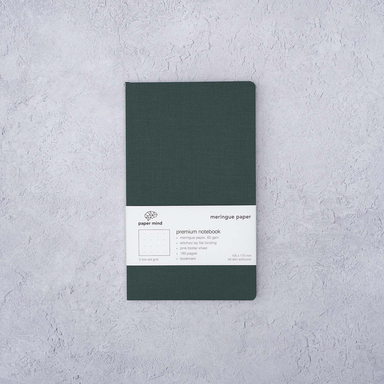 The Paper Mind Meringue Paper Notebook B6 Slim,  Notebook for Fountain Pens, dot grid, green cover textured background