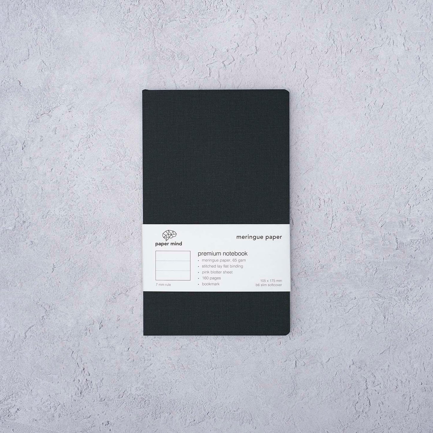 The Paper Mind Meringue Paper Notebook B6 Slim,  Notebook for Fountain Pens, ruled lined, black cover packaging