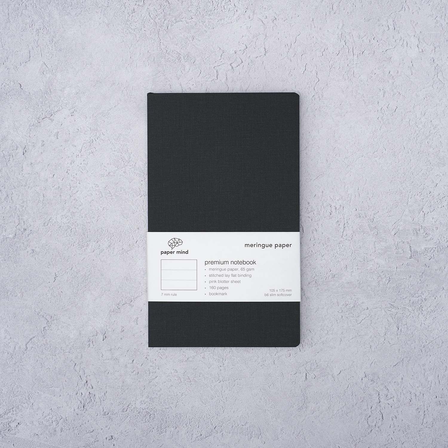 The Paper Mind Meringue Paper Notebook B6 Slim,  Notebook for Fountain Pens, ruled lined, black cover packaging