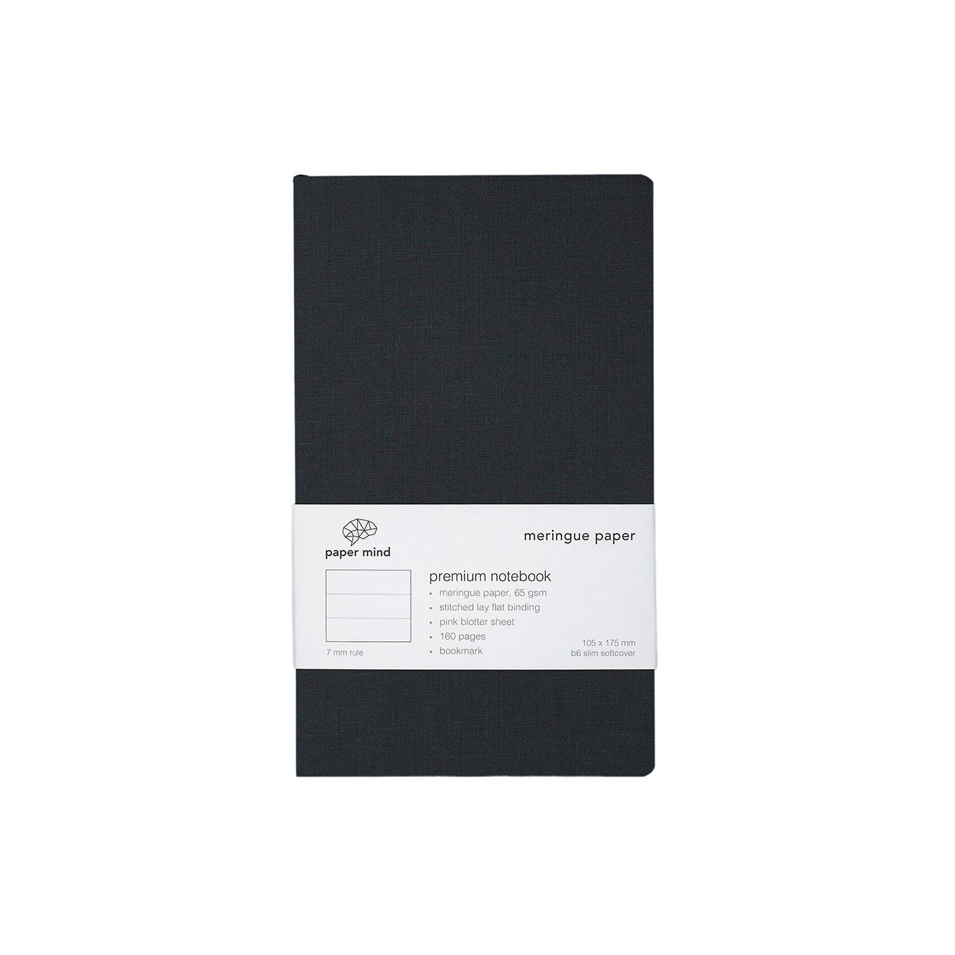 The Paper Mind Meringue Paper Notebook B6 Slim,  Notebook for Fountain Pens, ruled lined, black cover packaging white background