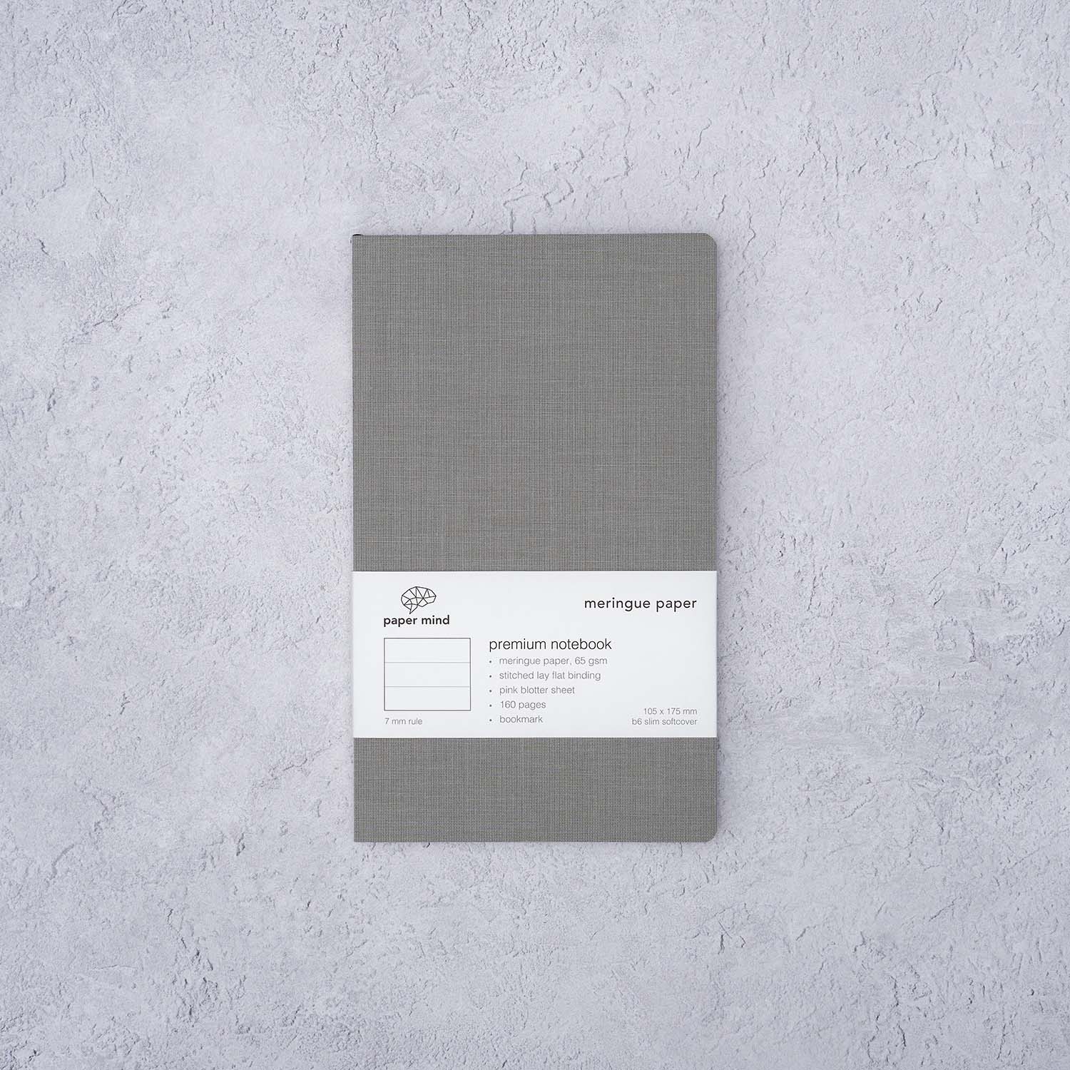 The Paper Mind Meringue Paper Notebook B6 Slim,  Notebook for Fountain Pens, ruled lined, gray cover packaging