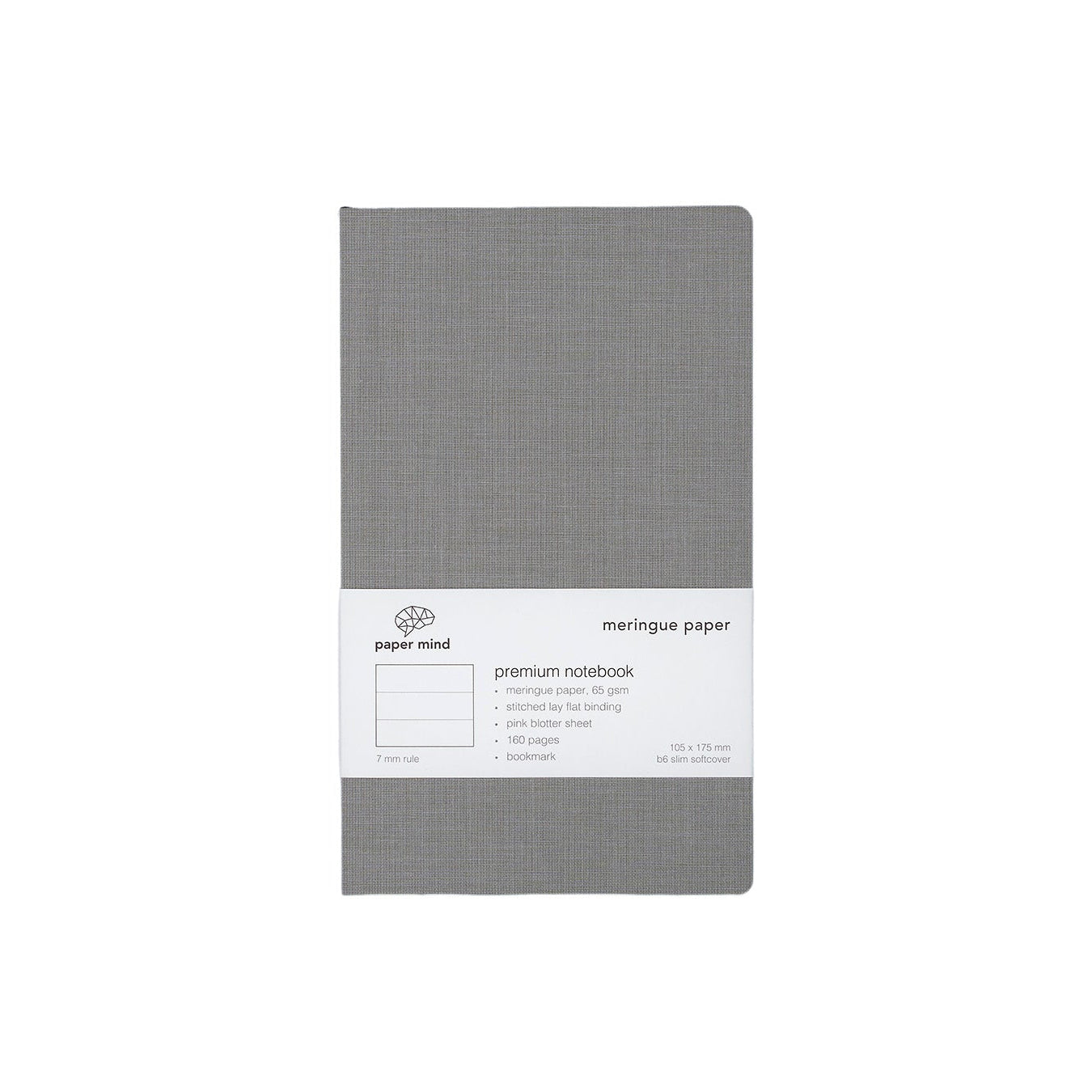 The Paper Mind Meringue Paper Notebook B6 Slim,  Notebook for Fountain Pens, ruled lined, gray cover white background
