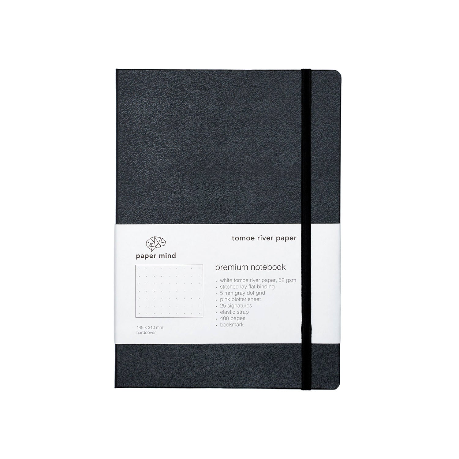 The Paper Mind Tomoe River Hardcover Notebook for Fountain Pens Dot Grid Made In Japan Black Cover on white background with packaging
