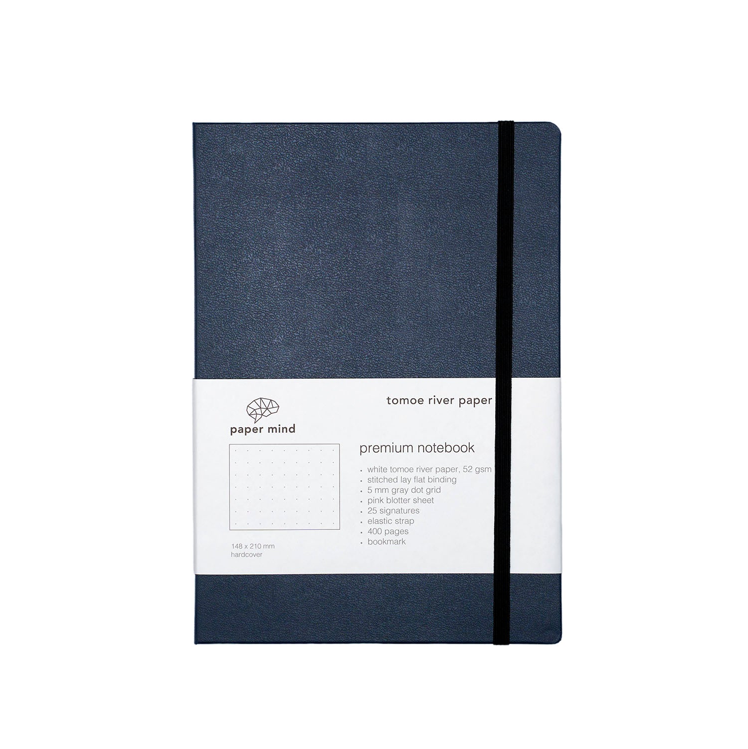 The Paper Mind Tomoe River Hardcover Notebook for Fountain Pens Dot Grid Made In Japan Navy Blue Cover On White Background