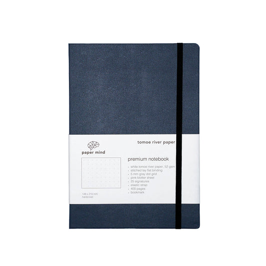 The Paper Mind Tomoe River Hardcover Notebook for Fountain Pens Dot Grid Made In Japan Navy Blue Cover On White Background