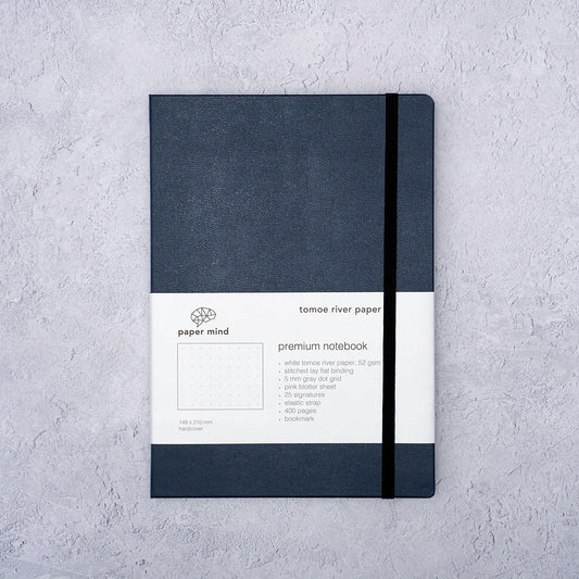 The Paper Mind Tomoe River Hardcover Notebook for Fountain Pens Dot Grid Made In Japan Navy Blue Cover Packaging